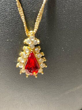 14K GF Vintage Neclace Faux Diamond and Ruby Stones 9” drop